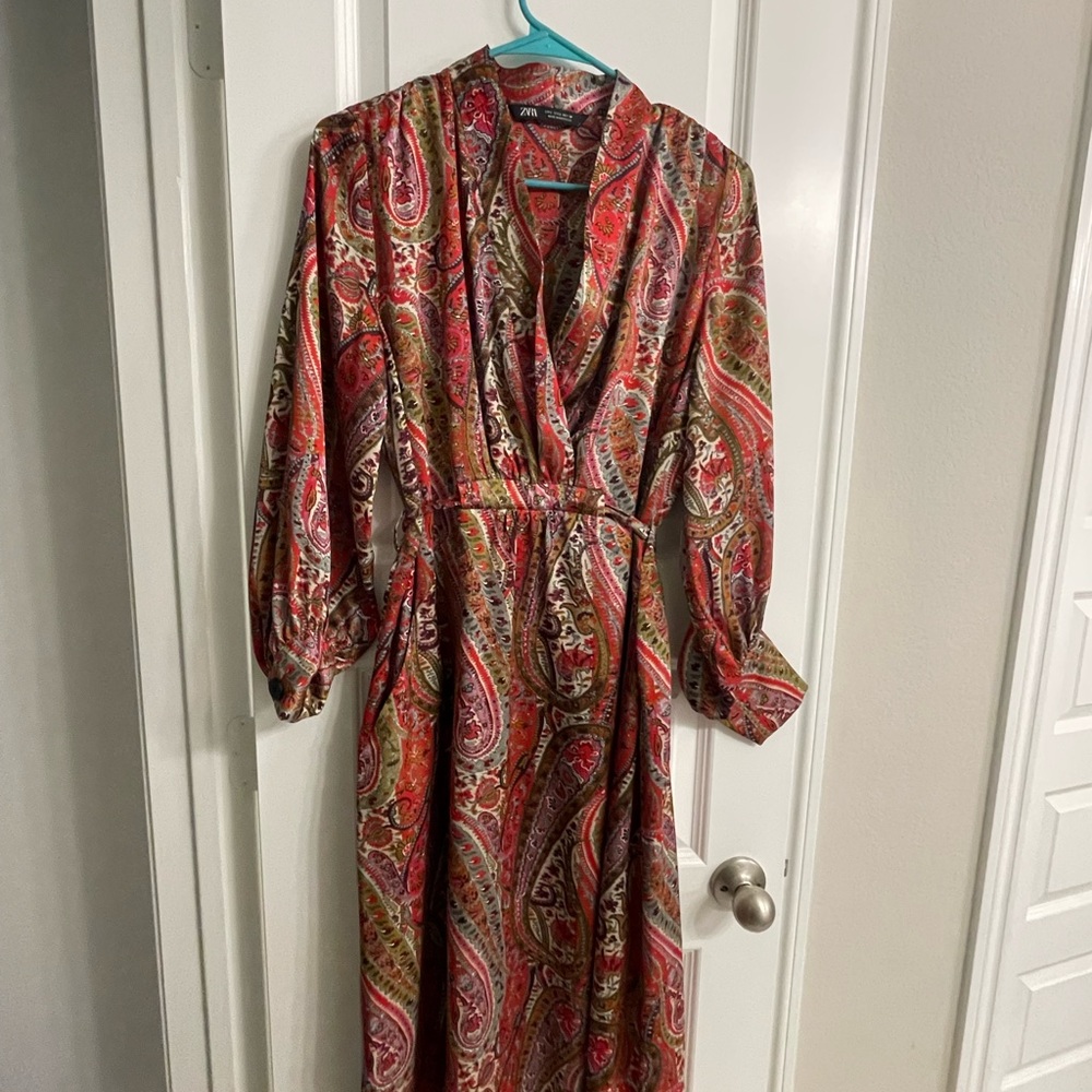 Zara Red and Brown Long Sleeve Plunge Sundress